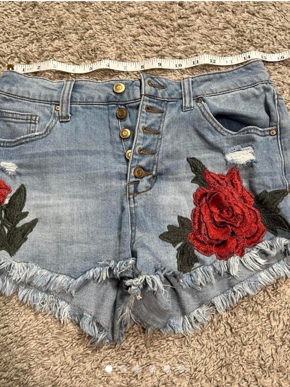 No boundaries High Rise Embroidered Light Blue Denim Shorts with Red Rose Detail